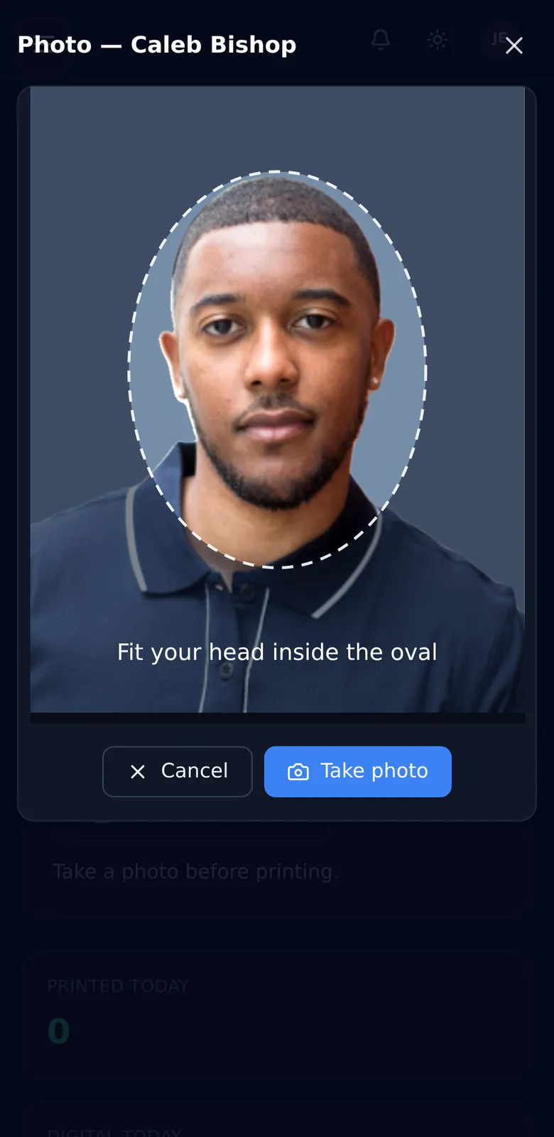 The same screen on a phone, taking the photograph: the live camera with an oval guide around the face, and a Take photo button.