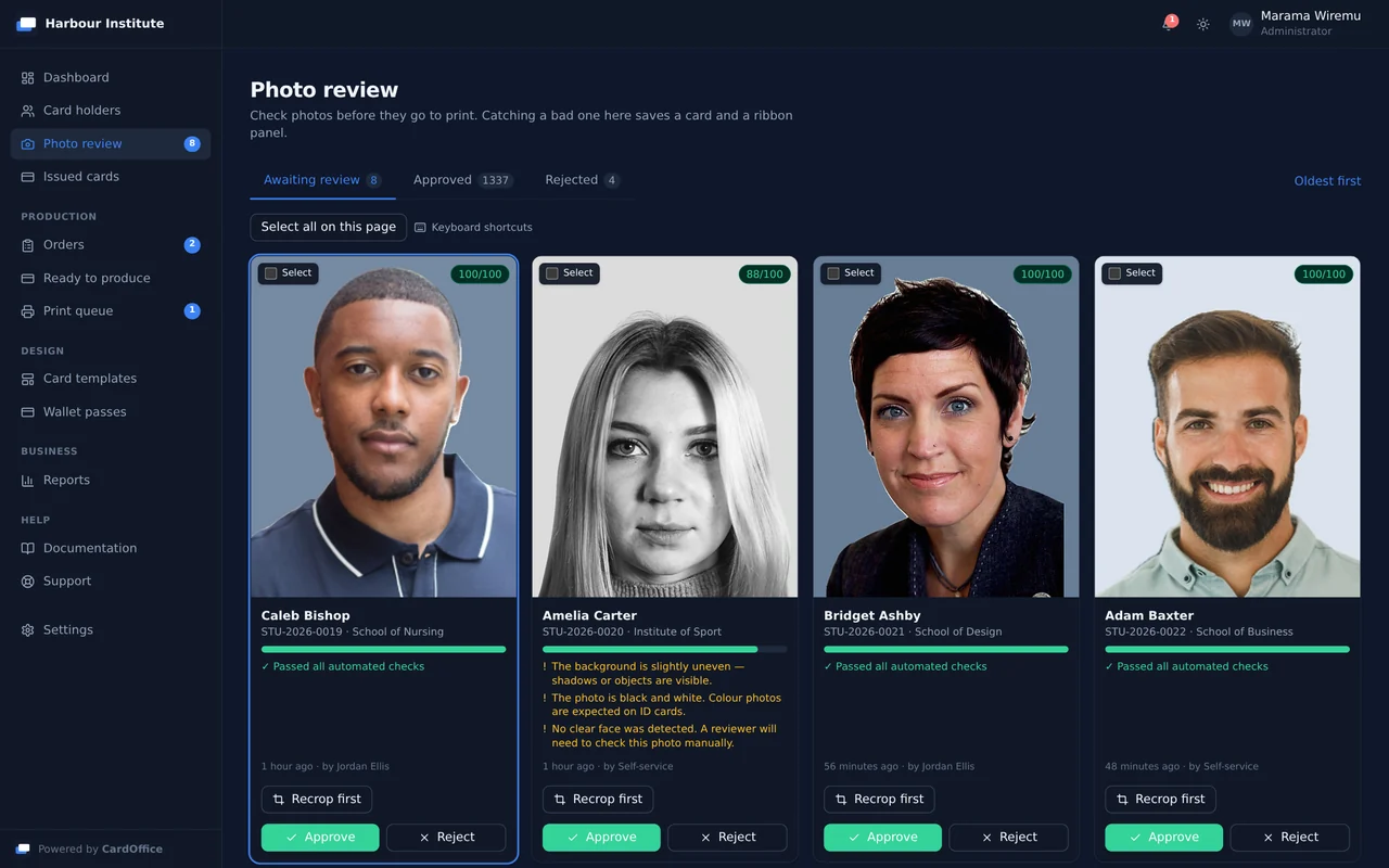 The photo review screen: four portrait photographs awaiting review, each with a quality score out of 100, the result of the automated checks, and Approve and Reject buttons. One black and white photograph is flagged.