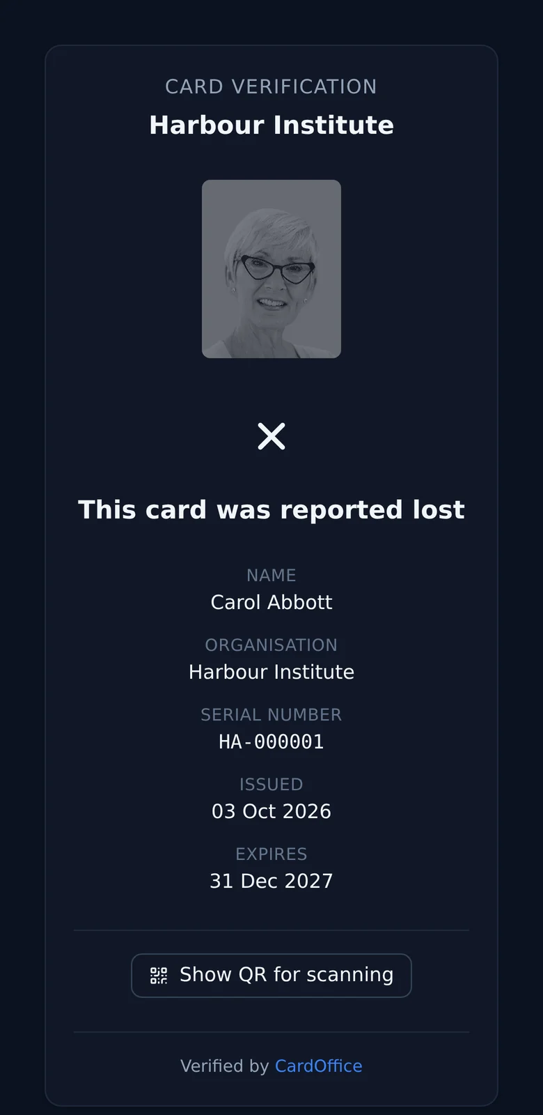 The same page for a card reported lost: the photograph is greyed out, with a cross and the words This card was reported lost.