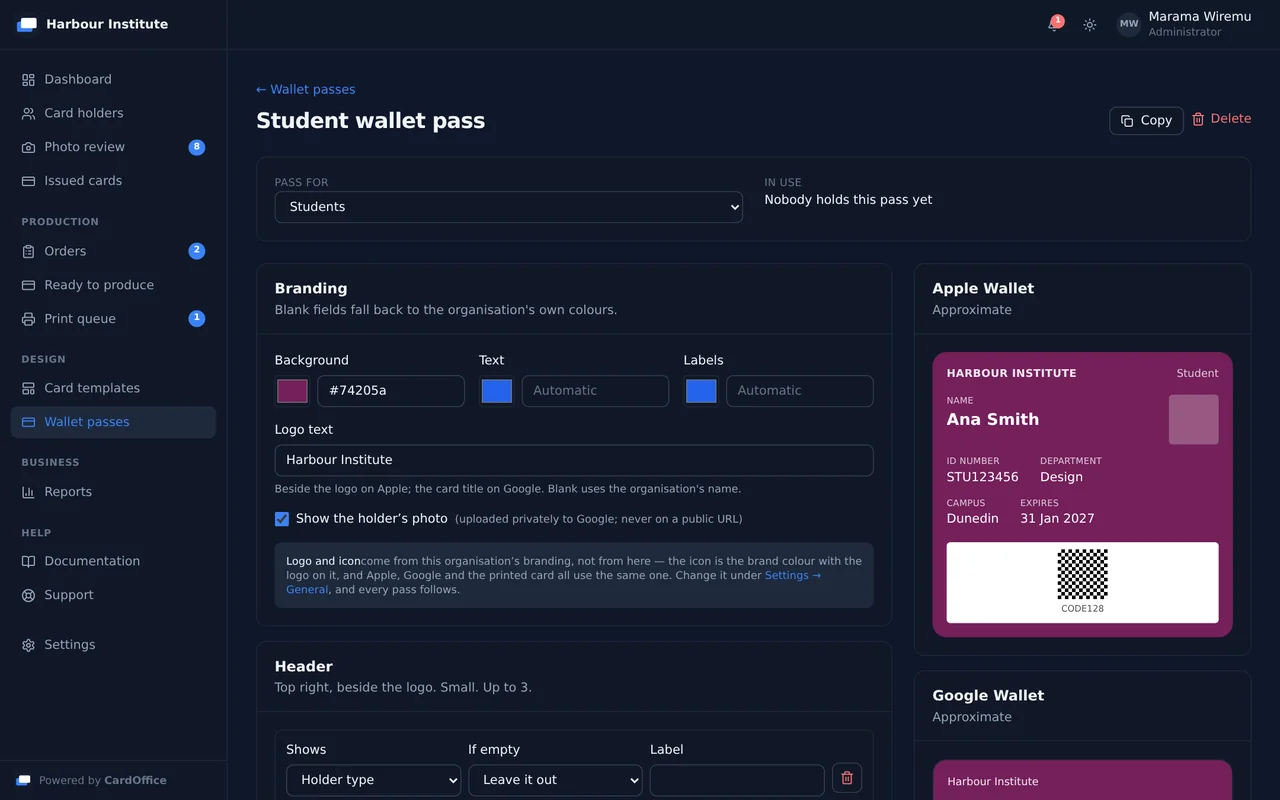 The wallet pass designer: who the pass is for, its branding colours and logo text, and a live preview of the plum Harbour Institute student pass as it appears in Apple Wallet.